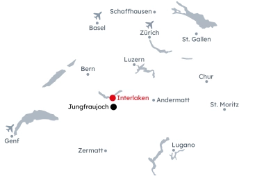 Karte der Schweiz mit Hervorhebung Interlaken und Jungfraujoch