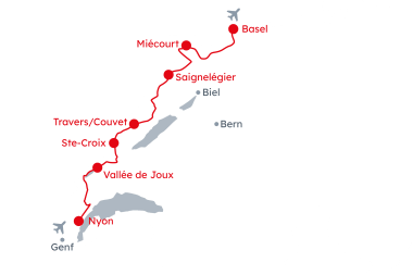 Karte der Westschweiz mit der Velotour Jura-Route von Basel nach Nyon