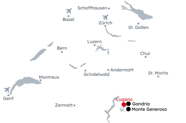 Map of Switzerland with the itinerary Lugano – Mediterranean Paradise