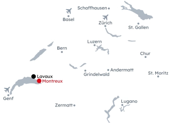 Mappa della Svizzera con l'itinerario Montreux - Degustazione di vini in Riviera