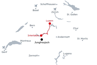 Mappa della Svizzera con l'itinerario Avventure in Montagna a Interlaken e Lucerna