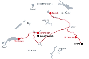 Map of Switzerland with the itinerary Panoramic Journey from Montreux to St. Moritz