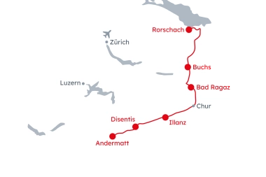 Karte der Ostschweiz mit den Veloferien Rhein-Route von Andermatt nach Rorschach