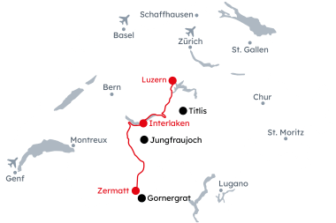 Map of Switzerland with the itinerary Scenic Rail Adventure from Lucerne to Zermatt