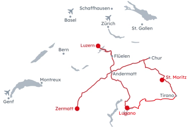 Mappa della Svizzera con l'itinerario Avventura su rotaia panoramica da Zermatt a Lucerna