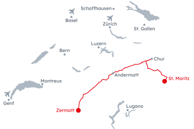 Karte der Schweiz mit der Reiseroute Ski-Abenteuer und Glacier Express von St. Moritz nach Zermatt