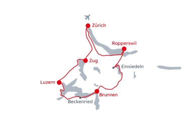 Carte de la Suisse centrale avec l'itinéraire La découverte du Choco Suisse au départ de Zurich