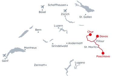 Carte de la Suisse avec l'itinéraire Voyage dans le temps à travers les Grisons de Coire à Davos