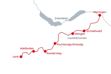 Map of the Bernese Oberland with the itinerary Via Alpina "Bear Trek" route from Meiringen to Lenk