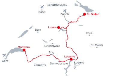 Karte der Schweiz mit der Reiseroute Voralpen-Express und Centovalli-Bahn von St. Gallen nach Montreux