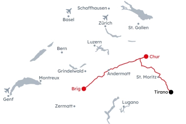 Map of Switzerland with the itinerary Winter Glacier and Bernina Express from Chur to Brig