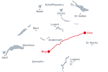 Karte der Schweiz mit der Reiseroute Glacier Express Winterreise Chur – Brig von Chur nach Brig