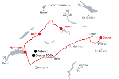 Mappa della Svizzera con l'itinerario Avventura invernale su slitte e treni da Davos a Lucerna