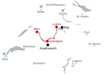 Karte der Schweiz mit der Reiseroute Wintermomente in Luzern, Interlaken und Bern