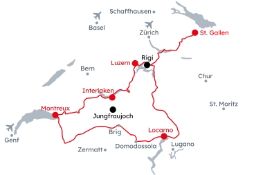 Karte der Schweiz mit der Reiseroute Winterpanorama und Berggipfel von St. Gallen nach Luzern