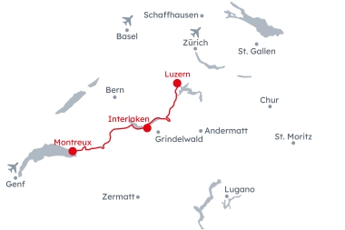 Map of Switzerland with the itinerary Winter Wonderland and magical trains from Lucerne to Montreux