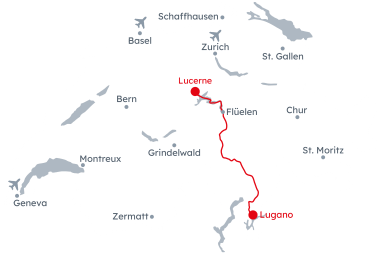 Map of Switzerland with the itinerary Gotthard Panorama Express Classic from Lucerne to Lugano