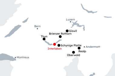 Karte vom Berner Oberland mit der Reiseroute Historische Dampf- und Eisenbahnen