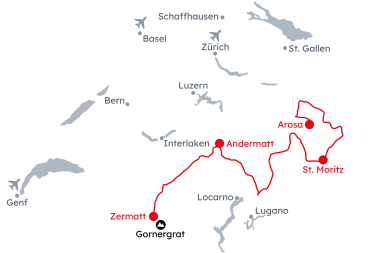 Karte der Schweiz mit der Reiseroute Grand Tour Deluxe – Alpenpässe von Arosa nach Zermatt