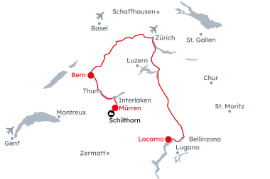 Karte der Schweiz mit der Reiseroute Auf den Spuren von James Bond von Locarno nach Mürren