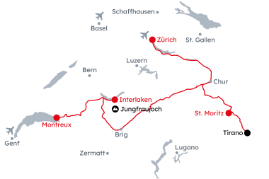 Karte der Schweiz mit der Reiseroute Panoramareise von Montreux nach St. Moritz