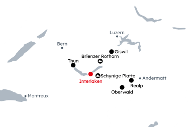 Karte vom Berner Oberland mit der Reiseroute Historische Dampf- und Eisenbahnen