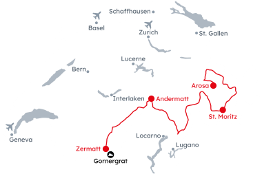Map of Switzerland with the itinerary Grand Tour Deluxe – Alpine Mountain Passes from Arosa to Zermatt
