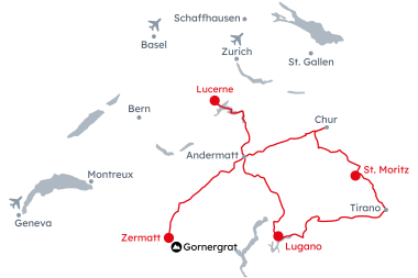 Map of Switzerland with the itinerary Greatest Rail Adventure route from Lucerne to Zermatt