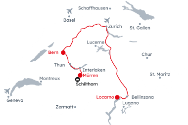 Map of Switzerland with the itinerary In the Footsteps of James Bond from Locarno to Mürren