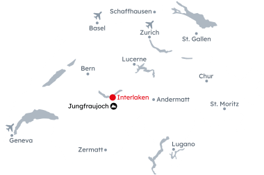 Map of Switzerland with Interlaken and Jungfraujoch highlighted