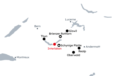 Map of the Bernese Oberland with the itinerary Steam and Heritage Railways from Interlaken