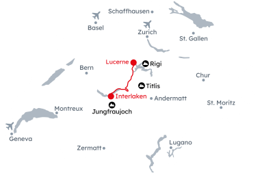 Map of Switzerland with the itinerary Winter Moments in Interlaken and Lucerne