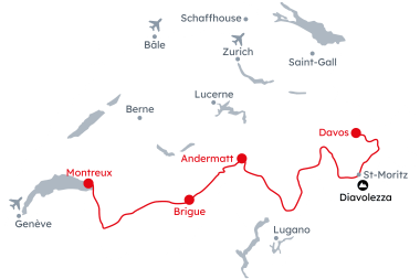 Carte de la Suisse avec itinéraire Alpine Passes - Road Trip de Davos à Montreux