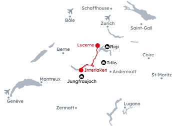 Carte de la Suisse avec l'itinéraire Échappée hivernale à Interlaken et Lucerne