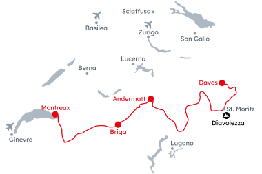 Mappa della Svizzera con itinerario Alpine Passes – Road Trip da Davos a Montreux