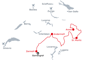 Mappa della Svizzera con l'itinerario Grand Tour Deluxe - Passi alpini da Arosa a Zermatt