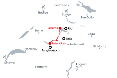 Mappa della Svizzera con l'itinerario Momenti invernali a Interlaken e Lucerna