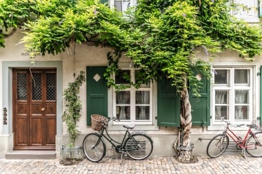 Altstadtgasse in Basel mit begrüntem Haus, Fenstern mit grünen Läden und Fahrrädern vor der Fassade