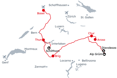 Karte der Schweiz mit der Reiseroute Bahnerlebnis zum Jahreswechsel 2025/26