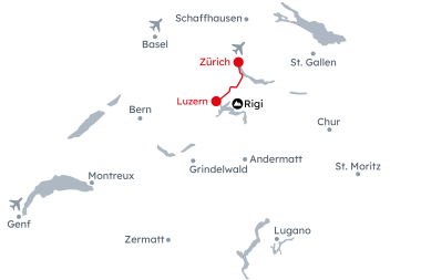 Karte der Schweiz mit der Reiseroute 	Weihnachtsmärkte in Zürich und Luzern