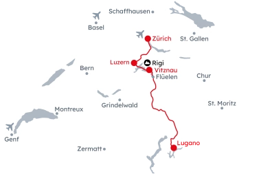 Karte der Schweiz mit der Reiseroute 	Städte am Wasser von Zürich nach Lugano