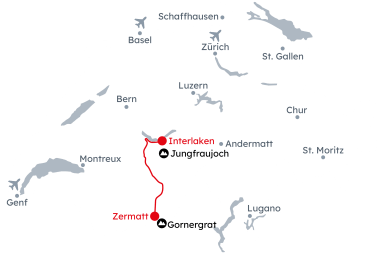 Karte der Schweiz mit der Reiseroute 	Berühmte Berggipfel in Interlaken und Zermatt