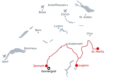 Karte der Schweiz mit der Reiseroute Grand Tour of Switzerland – Kulinarik von St. Moritz nach Zermatt