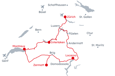 Karte der Schweiz mit der Reiseroute der Grand Train Tour of Switzerland – Alpen Rivieren ab Luzern