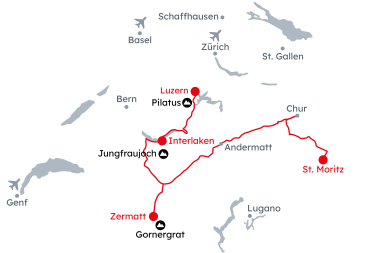 Karte der Schweiz mit der Reiseroute Höhepunkte der Schweiz von St. Moritz nach Luzern