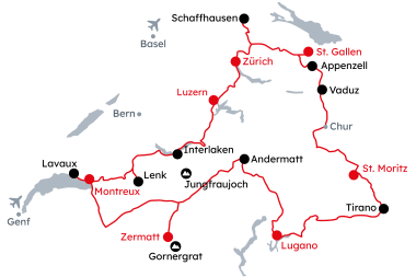 Karte der Schweiz mit der Reiseroute 	Grand Tour of Switzerland Explorer – Panorama (Gruppenreise) ab Zürich