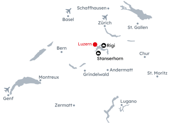Karte der Schweiz mit der Reiseroute Luzern – Zwischen See und Bergen