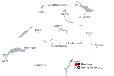 Karte der Schweiz mit der Reiseroute Lugano – Mediterranes Paradies
