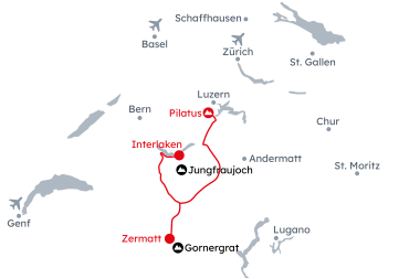 Karte der Schweiz mit der Reiseroute Roadtrip mit Bergausflügen von Interlaken nach Pilatus