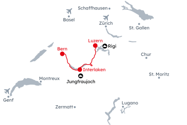 Karte der Schweiz mit der Reiseroute Wintermomente in Luzern, Interlaken und Bern